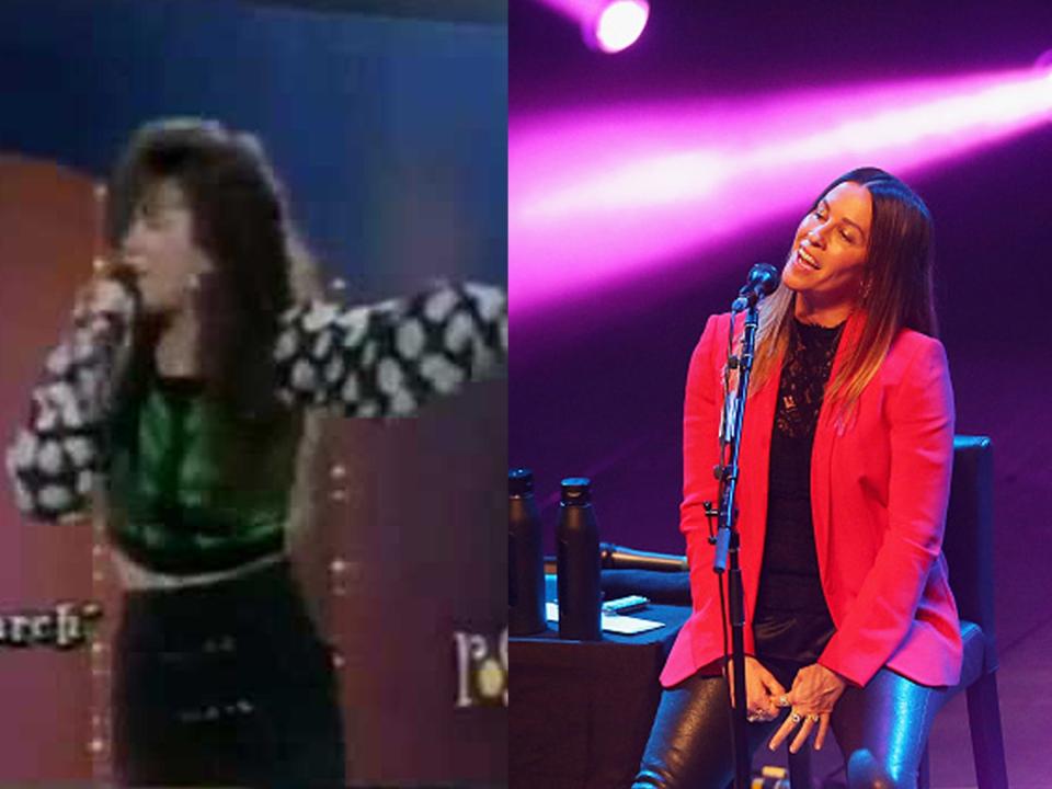 Alanis Morisette on "Star Search" in 1990 and performing in 2018.