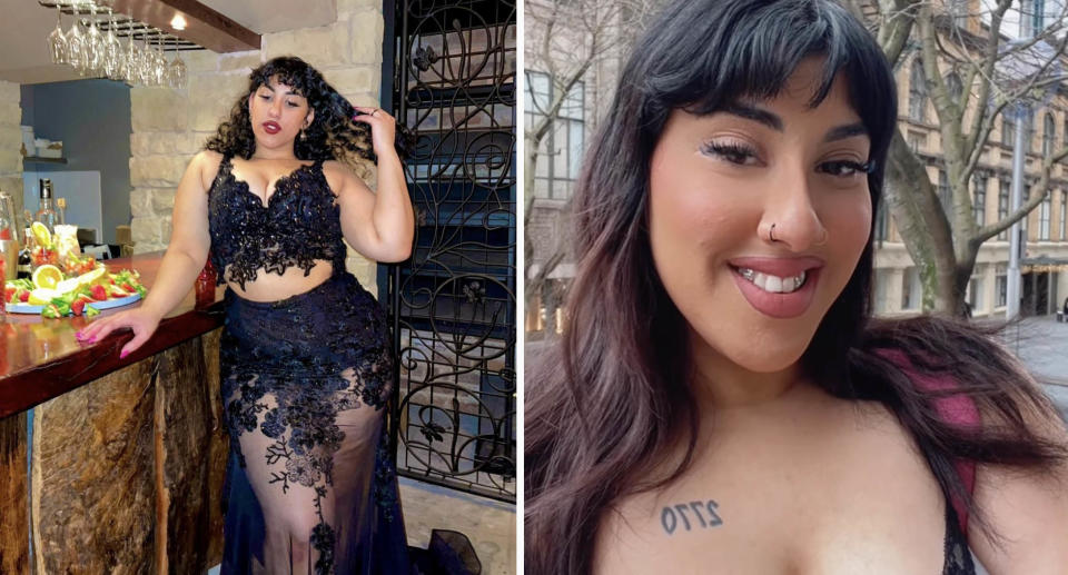 Christine Abadir in a black lace outfit (left) and a close up (right).