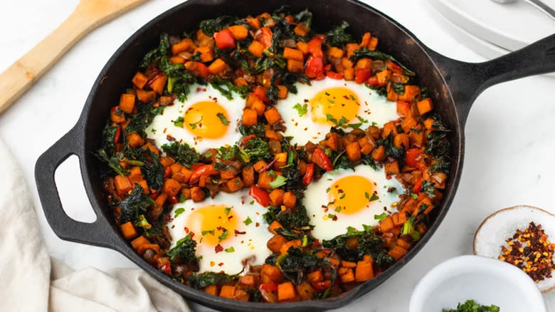 Sweet potato hash in skillet 