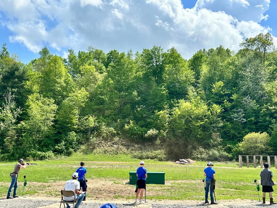 Buckeye Trail freshman Owen Ripley takes his shot on the disc pulled from the new trap house during a recent exhibition event with Harrison Central.