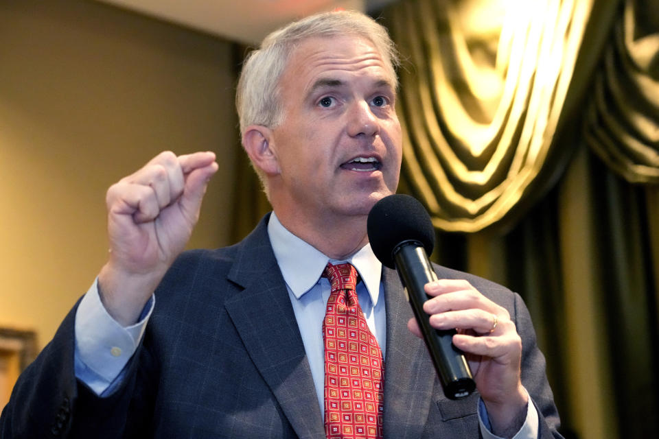 Democratic nominee for governor, Brandon Presley, current Mississippi Public Service Commissioner for the Northern District, speaks to supporters, Oct. 19, 2023, in Natchez, Miss. Presley faces Mississippi Republican Gov. Tate Reeves, who is seeking reelection on Nov. 7. (AP Photo/Rogelio V. Solis)