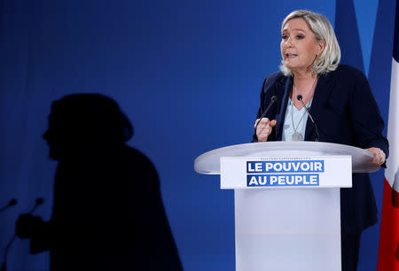 FILE PHOTO: French far-right National Rally (Rassemblement National) party leader Marine Le Pen speaks at a meeting in Saint-Paul-du-Bois, France, February 17, 2019. REUTERS/Stephane Mahe/File Photo