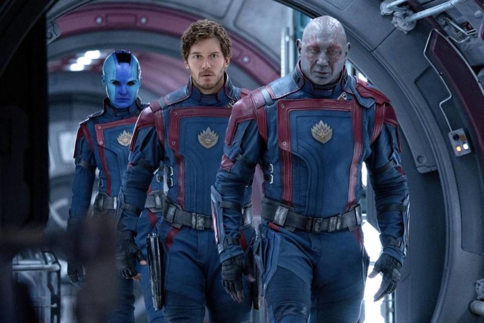 From left, Karen Gillan as Nebula, Chris Pratt as Peter Quill/Star-Lord, and Dave Bautista as Drax in Marvel Studios’ ”Guardians of the Galaxy Vol. 3”. The first “Guardians” was a big step in the formation of the MCU, according to Gavin Edwards. Jessica Miglio/Marvel