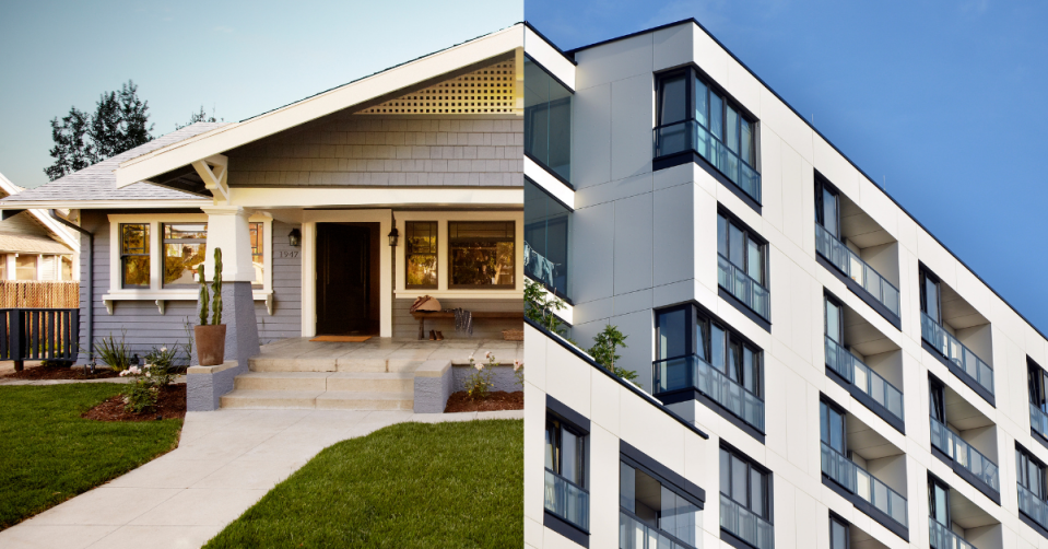 Split image with the exterior of a house on one side and the exterior of an apartment block on the other.