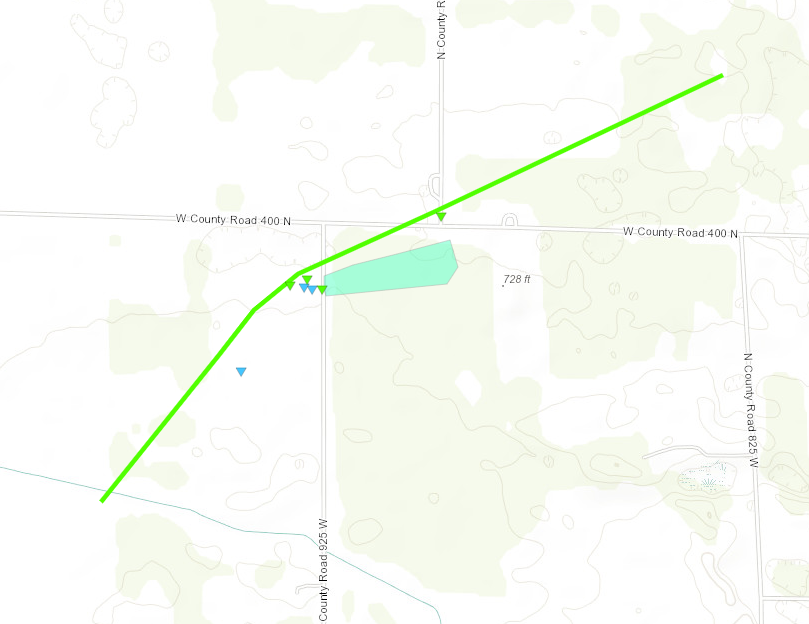 The path of a confirmed tornado during March 31, 2023 storms near Royal Center in Cass County.