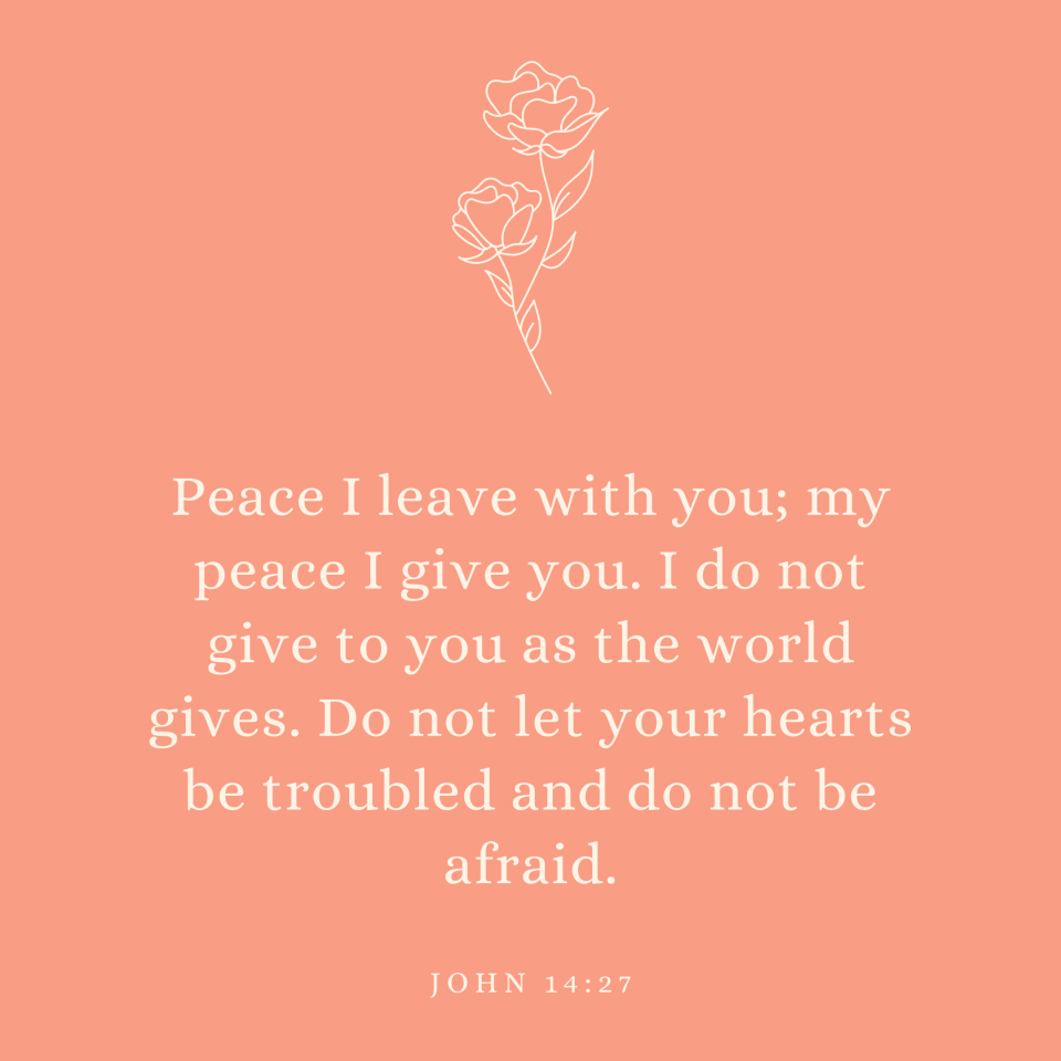 John 14:27 Peace I leave with you; my peace I give you. I do not give to you as the world gives. Do not let your hearts be troubled and do not be afraid.