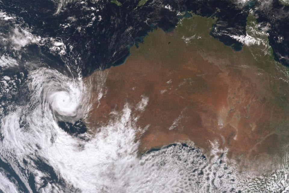 A satellite image of Tropical Cyclone Seroja tracking off the coast of Western Australia.