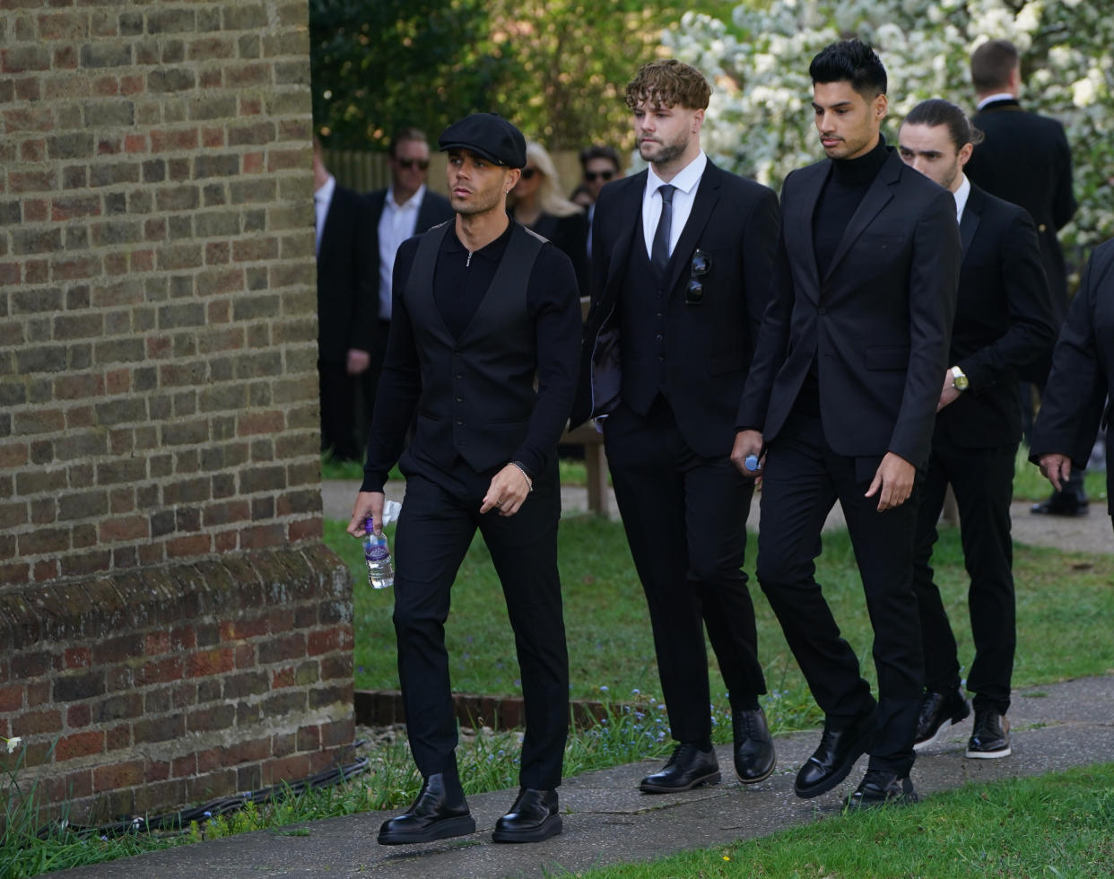 The Wanted's Max George, Jay McGuiness, Siva Kaneswaran and Nathan Sykes arriving at the funeral of bandmate Tom Parker. (Getty Images)