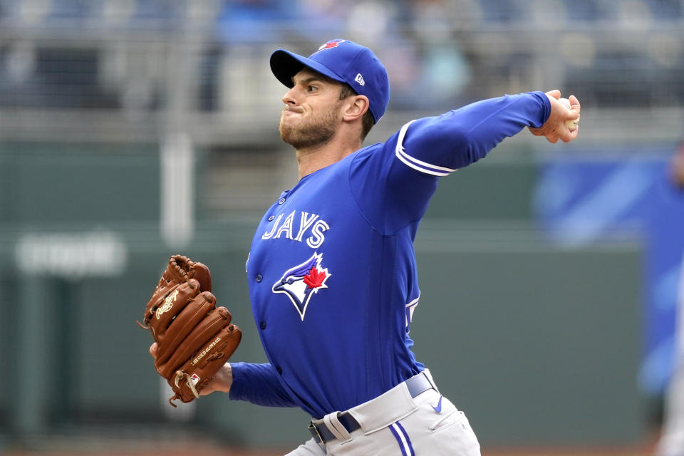 Toronto Blue Jays starting pitcher Steven Matz throws during the first inning in the first baseball game of a doubleheader against the Kansas City Royals Saturday, April 17, 2021, in Kansas City, Mo. (AP Photo/Charlie Riedel)