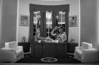 <p>Maureen O Gorman, guest of the Missouri delegation, poses in a mini Oval Office sponsored by Instagram. (Photo: Khue Bui for Yahoo News)</p>