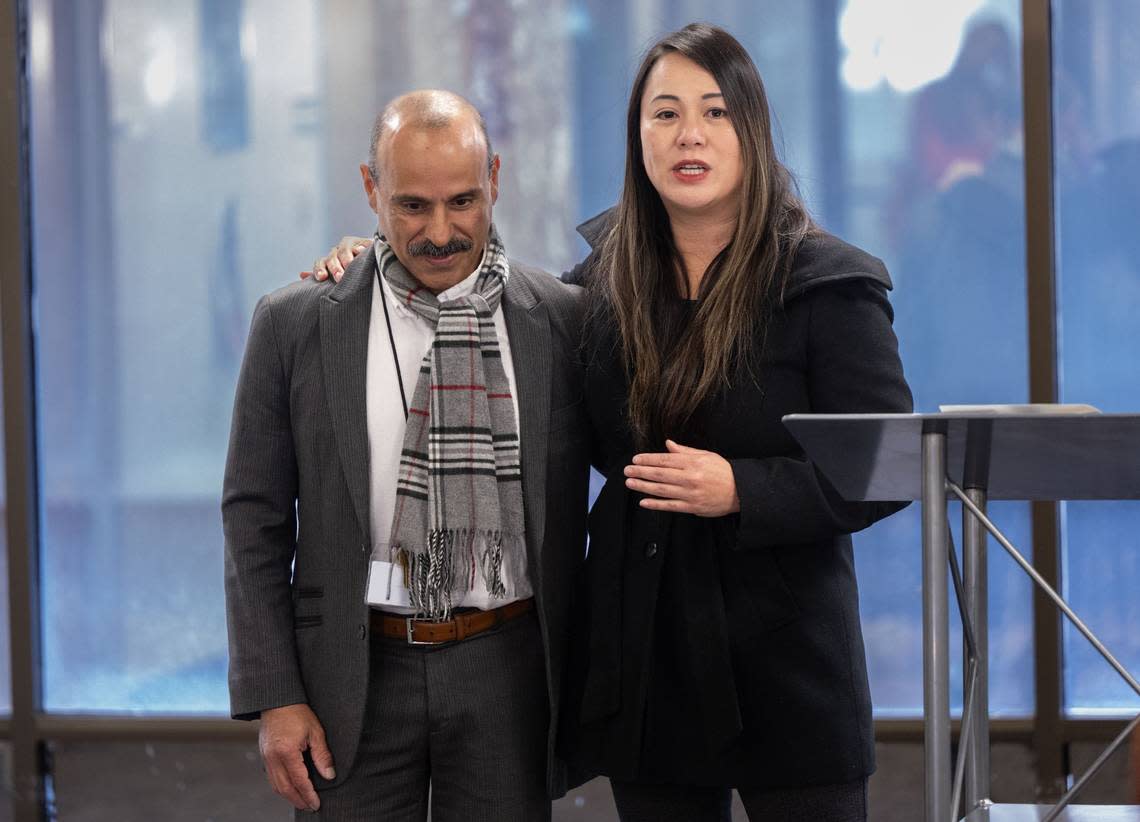 Miguel Diaz, a case manager with Golden Rule Services who has been living with HIV for 40 years, is recognized for his work by Assemblywoman Stephanie Nguyen during a World AIDS Day commemoration in south Sacramento on Friday, Dec. 1, 2023.