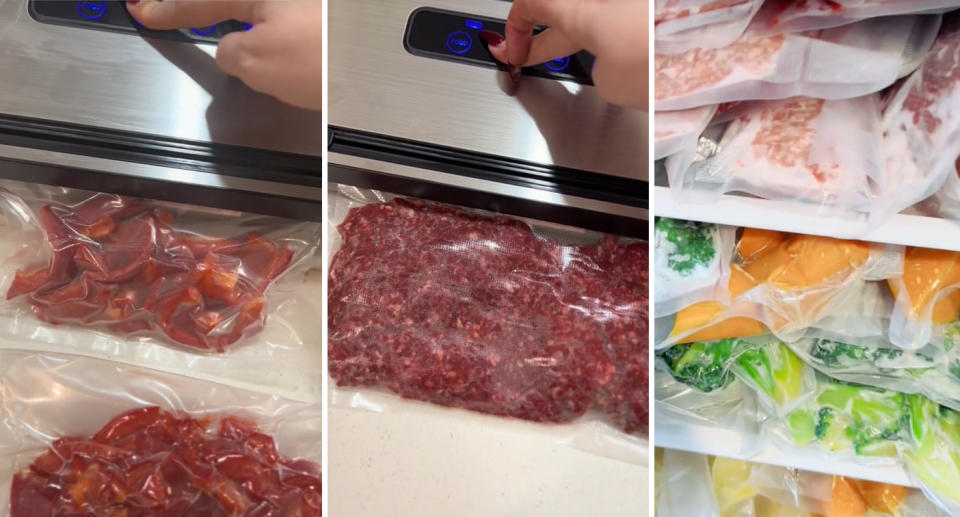 A photo of a woman vacuum sealing capsicum. Another photo of her vacuum sealing meat from Costco. And another of vacuum sealed bags with fruit, vegetables and meat in the freezer. 