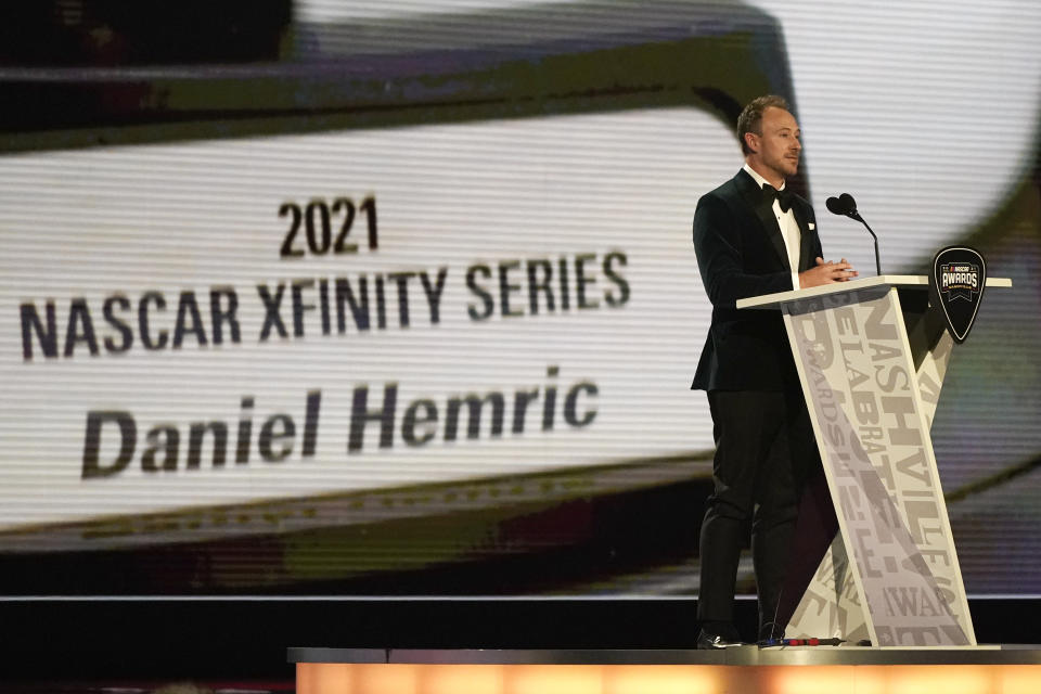 NASCAR Xfinity Series champion Daniel Hemric speaks during the NASCAR Awards, Thursday, Dec. 2, 2021, in Nashville, Tenn. (AP Photo/Mark Humphrey)