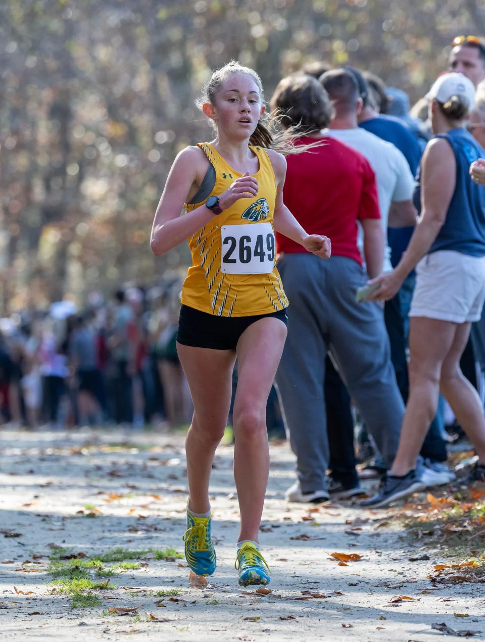 Indian River’s Brynn Crandell runs to a win in the DIAA 2022 Cross Country Girl’s Division II Championship at Killens Pond State Park in Felton, Del.