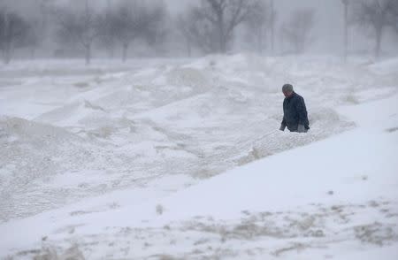 A man braces himself against the wind as he walks along mounds of snow and ice on North Avenue beach at Lake Michigan in Chicago, Illinois February 26, 2015. REUTERS/Jim Young