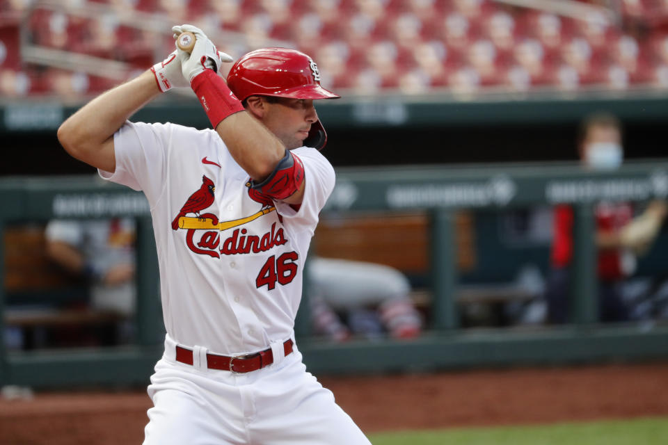 St. Louis Cardinals' Paul Goldschmidt bats during an intrasquad practice baseball game at Busch Stadium Thursday, July 9, 2020, in St. Louis. (AP Photo/Jeff Roberson)