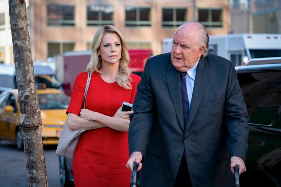 Charlize Theron and John Lithgow as Megyn Kelly and Roger Ailes in <i>Bombshell</i>. (Lionsgate)