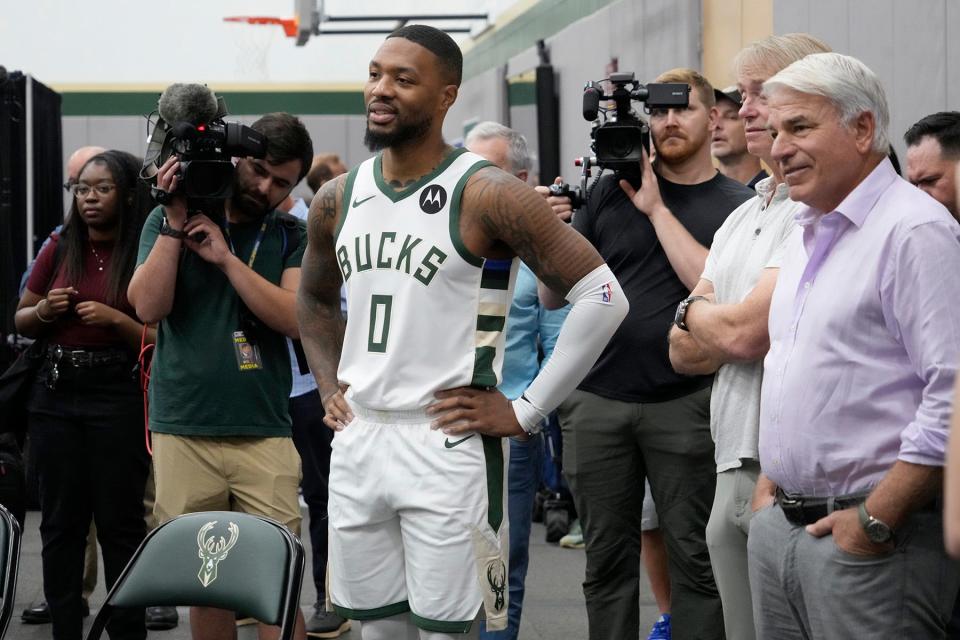 New Milwaukee Bucks guard Damian Lillard (0) waits to be introduced during the Milwaukee Bucks media day at the Sports Science Center in Milwaukee on Monday, Oct. 2, 2023. - Mike De Sisti / The Milwaukee Journal Sentinel