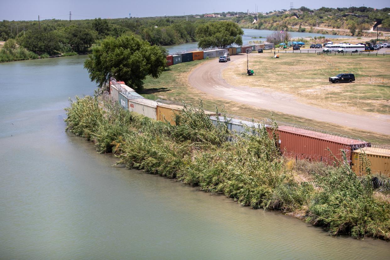 Shelby Park, along the Rio Grande in Eagle Pass, is being used as a staging area for Operation Loan Star. Eagle Pass Mayor Rolando Salinas signed an affidavit declaring the park private property so that migrants could be arrested for entering it.