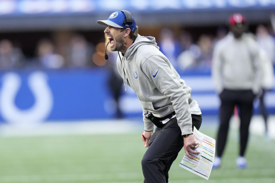 Indianapolis Colts head coach Shane Steichen questions a call during the second half of an NFL football game against the Cleveland Browns, Sunday, Oct. 22, 2023, in Indianapolis. (AP Photo/AJ Mast)