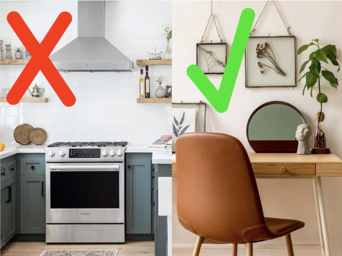 red &quot;X&quot; over a modern kitchen with an exposed hood next to a green checkmark over a natural-looking office space