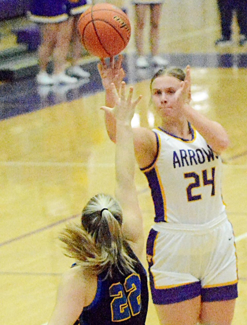 Watertown's Jade Lund takes aim at one of her seven successful 3-pointers during a high school girls basketball game against Aberdeen Central on Monday, Feb. 20, 2023 in the Watertown Civic Arena.