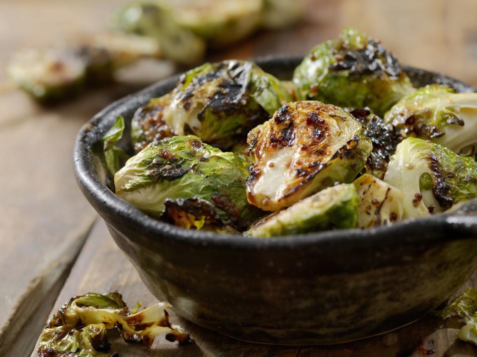 bbq brussels sprouts with grainy mustard, honey glaze