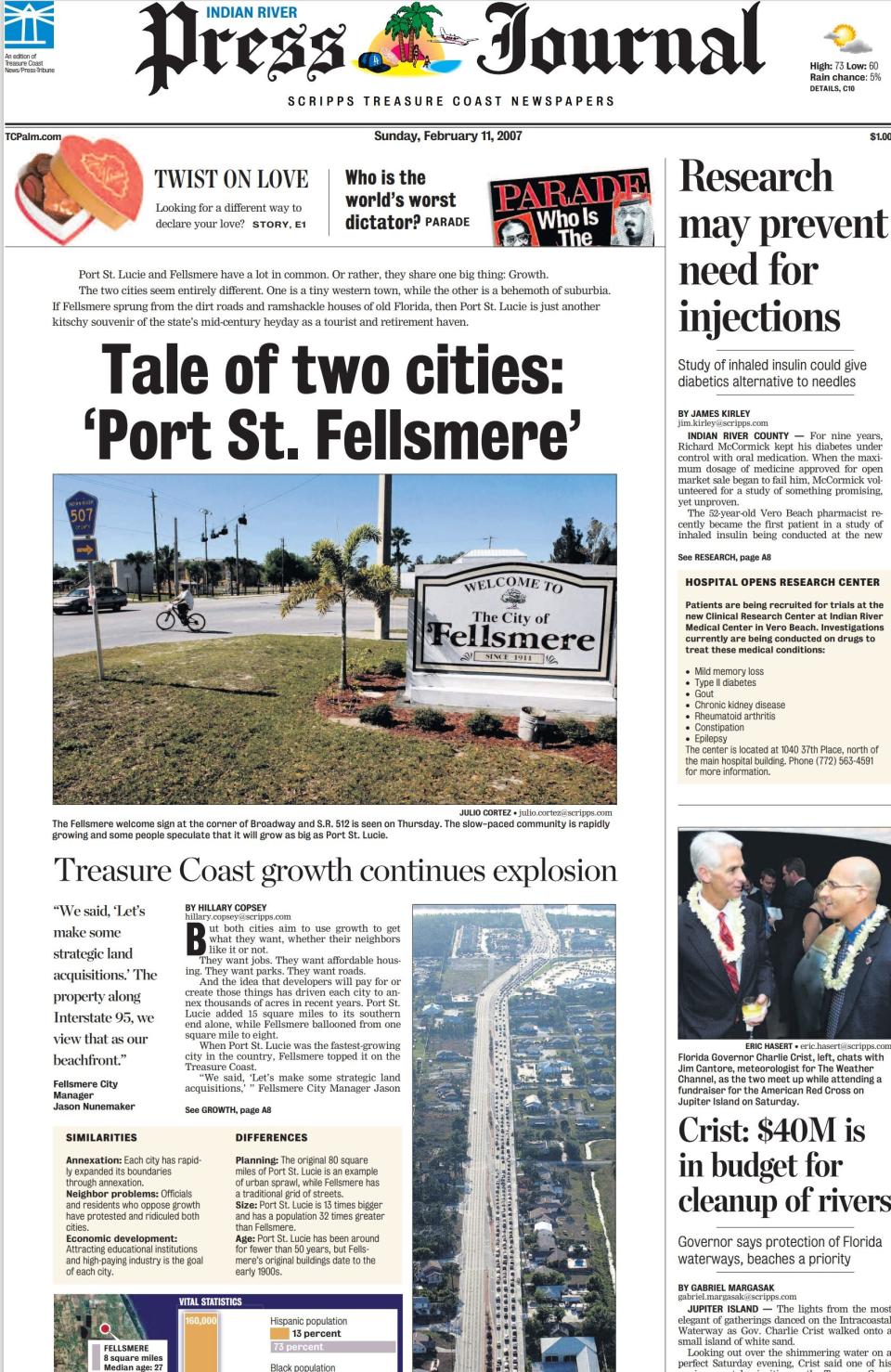 The Feb. 11, 2007, Press Journal compared Fellsmere, on an annexation binge, to Port St. Lucie, which also had heavily annexed land into its city.