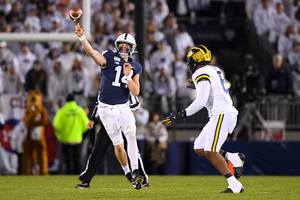 Penn State quarterback Sean Clifford throws against the Michigan defense during the second quarter of the team's game in 2019 at Beaver Stadium.