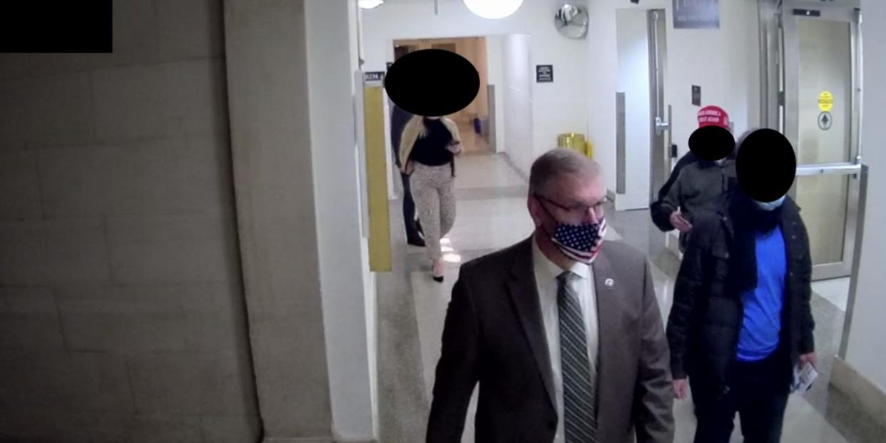 Video released by the January 6 committee shows Republican Rep. Barry Loudermilk of Georgia leading a tour through the Capitol complex on January 5, 2021.
