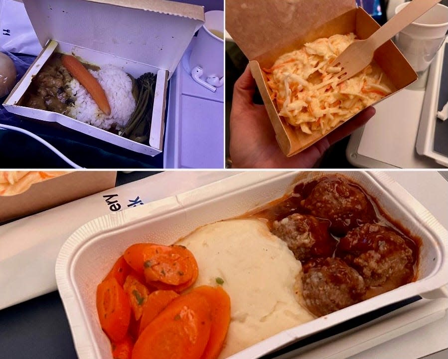 Food on Finnair, beef and mash potatoes on bottom and beef and carrot on top.