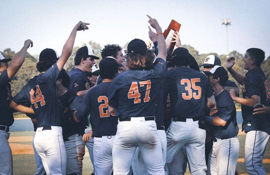Benjamin baseball is pictured celebrating its 8-3 district championship victory over Cardinal Newman last spring. The Buccaneers will meet the Crusaders again on Thursday, this time on the road.