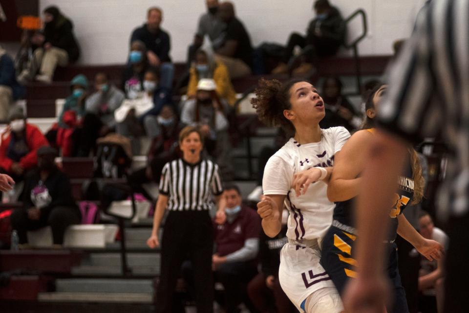 Abington senior Jaida Helm looks up for a rebound at Abington Senior High School on Tuesday, Feb. 1, 2022. Abington girls basketball team defeated Wissahickon 74-41.