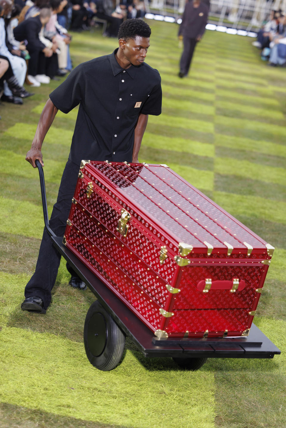 A model wears a creation as part of the Louis Vuitton Spring Summer 2025 collection, that was presented in Paris, Tuesday, June 18, 2024. (Photo by Vianney Le Caer/Invision/AP)