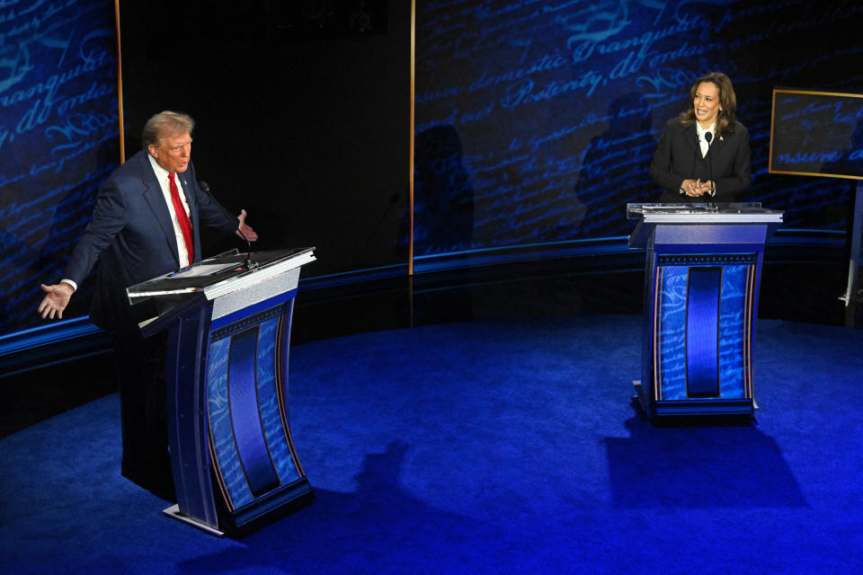 TOPSHOT - Former US President and Republican presidential candidate Donald Trump speaks during a presidential debate with US Vice President and Democratic presidential candidate Kamala Harris at the National Constitution Center in Philadelphia, Pennsylvania, on September 10, 2024. (Photo by SAUL LOEB / AFP) (Photo by SAUL LOEB/AFP via Getty Images)