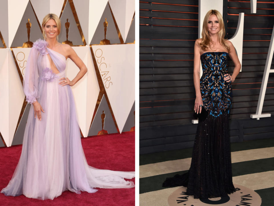 <p>Heidi Klum found herself on Worst Dressed lists for wearing this lilac Marchesa gown made with too much tulle. But the afterparty was her time for redemption, seeing as she changed into a simpler, black strapless gown from Atelier Versace. <i>(Photos: Getty Images)</i></p>