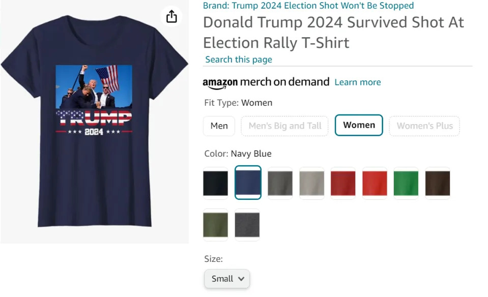 川普被枪击振臂疾呼画面，被中国及国外商家制成T-shirt贩售。 翻摄自Amazon