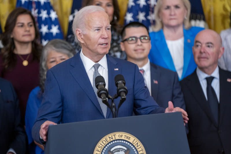 President Joe Biden delivers remarks Tuesday during the DACA 12th Anniversary event in the East room of the White House in Washington, D.C., where he announced a process to allow undocumented immigrants married to U.S. citizens to apply for legal residency. Photo by Shawn Thew/UPI