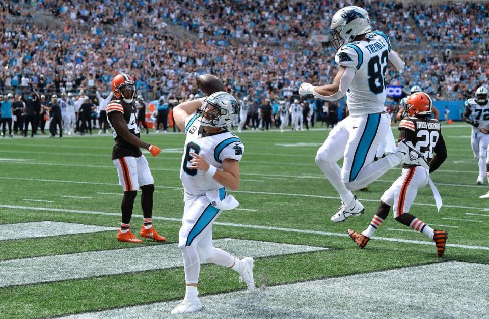 Carolina Panthers quarterback Baker Mayfield celebrates a rushing touchdown in 2022.