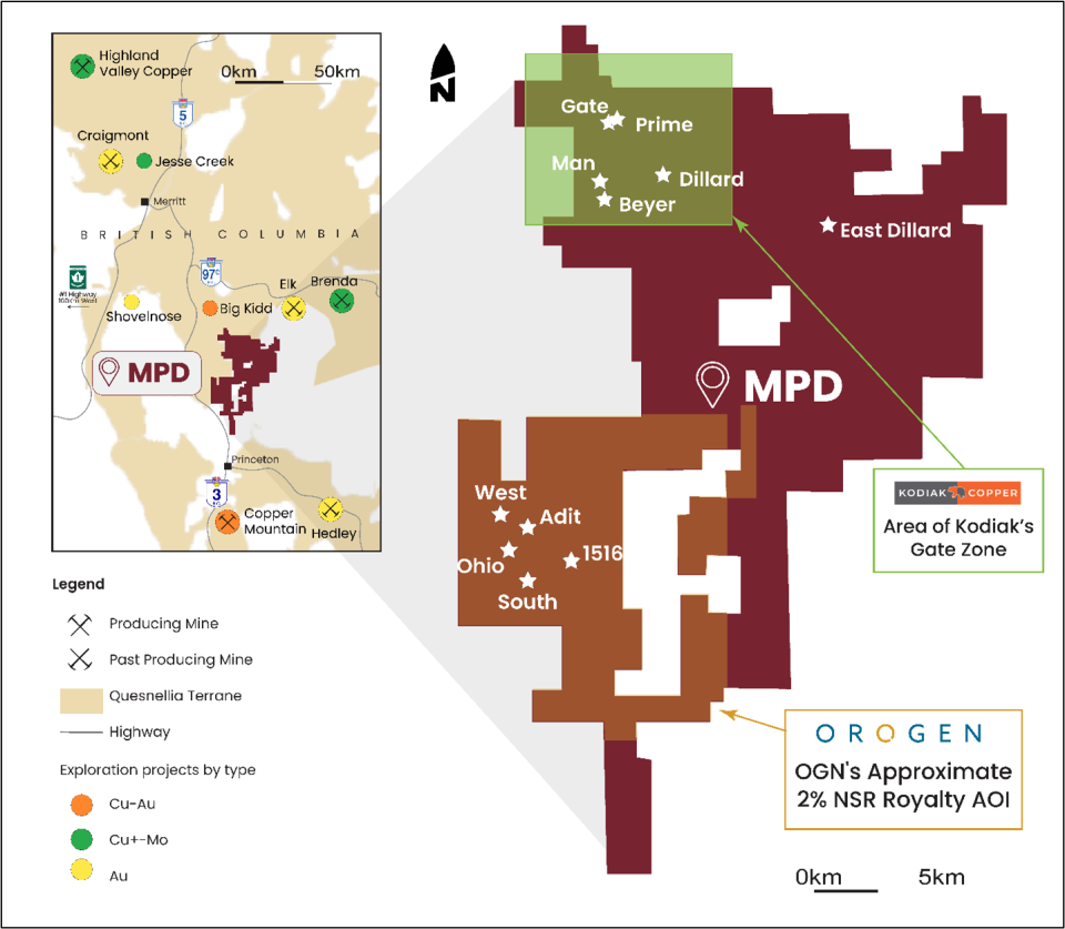 <strong>Figure 2 - Overview of the MPD property and Orogen's royalty AOI</strong>