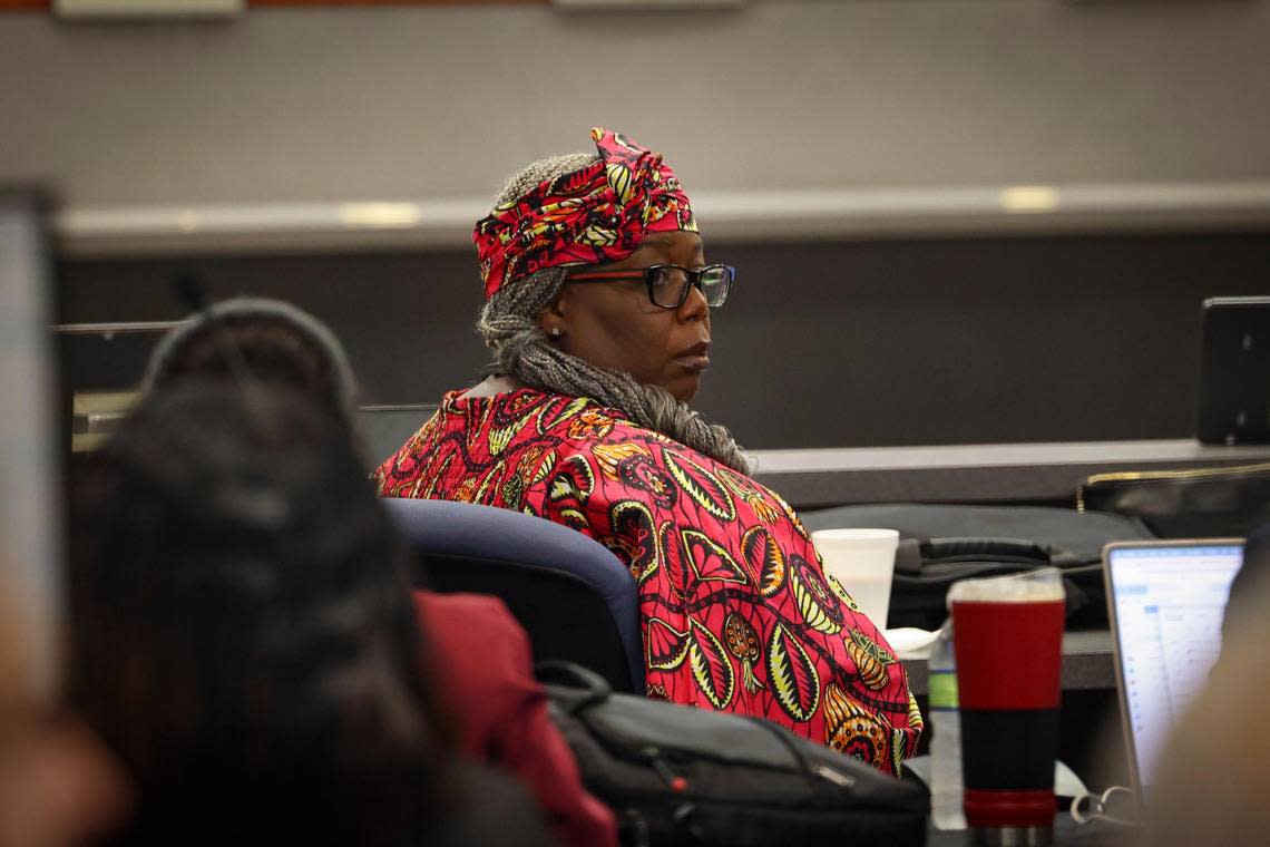 Valerie Wanza, associate superintendent of Broward County Public Schools, listens to speakers during a Broward School Board meeting discussing the naming of an interim superintendent following the resignation Tuesday of Vickie Cartwright, the embattled school superintendent.