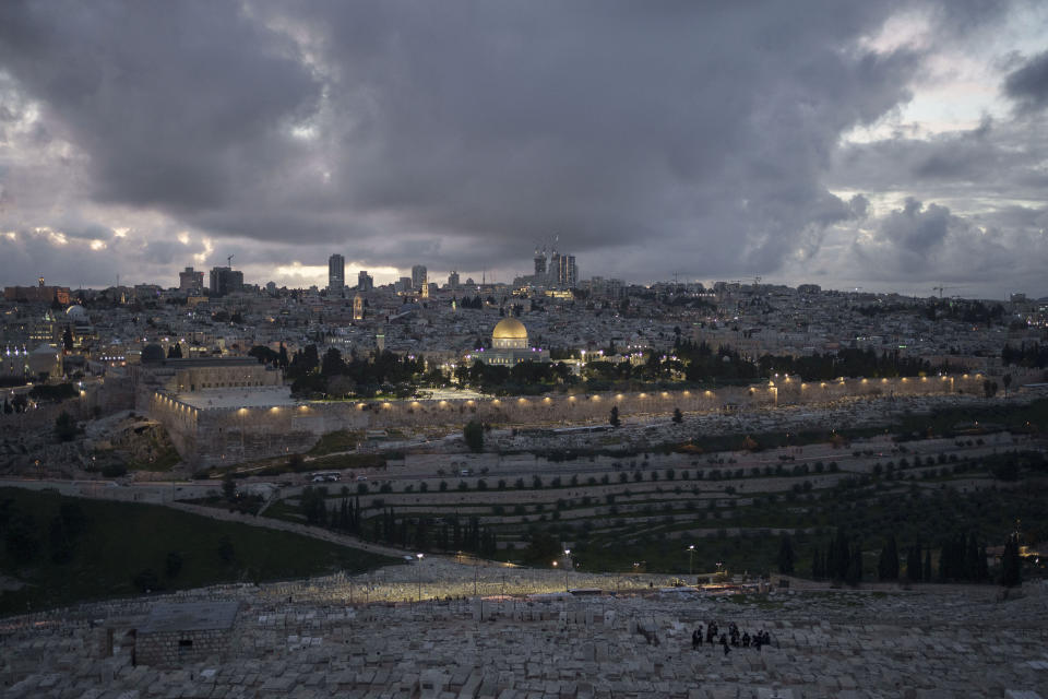 A view of the Dome of the Rock shrine at the Al Aqsa Mosque compound during dusk, ahead of Ramadan, in the Old City of Jerusalem, Thursday, March 7, 2024. (AP Photo/Leo Correa)