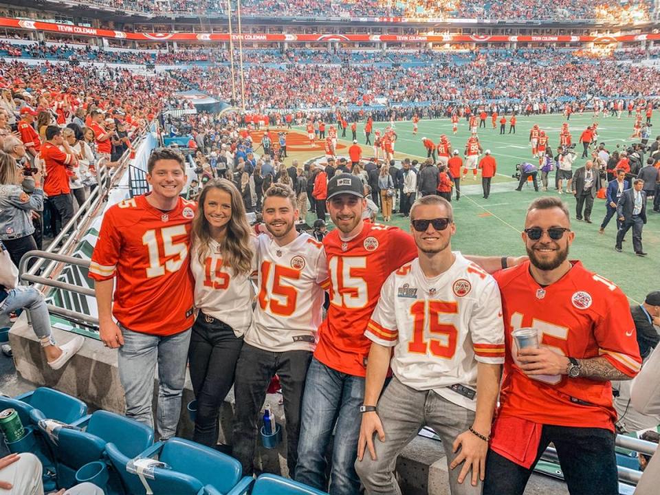 A group of Chiefs quarterback Patrick Mahomes’ friends (Coleman Patterson, Chestley Strother, Brennan McDaniel, Ryan Cheatham, Zach Parker and Jake Parker) attended the Super Bowl in Miami.