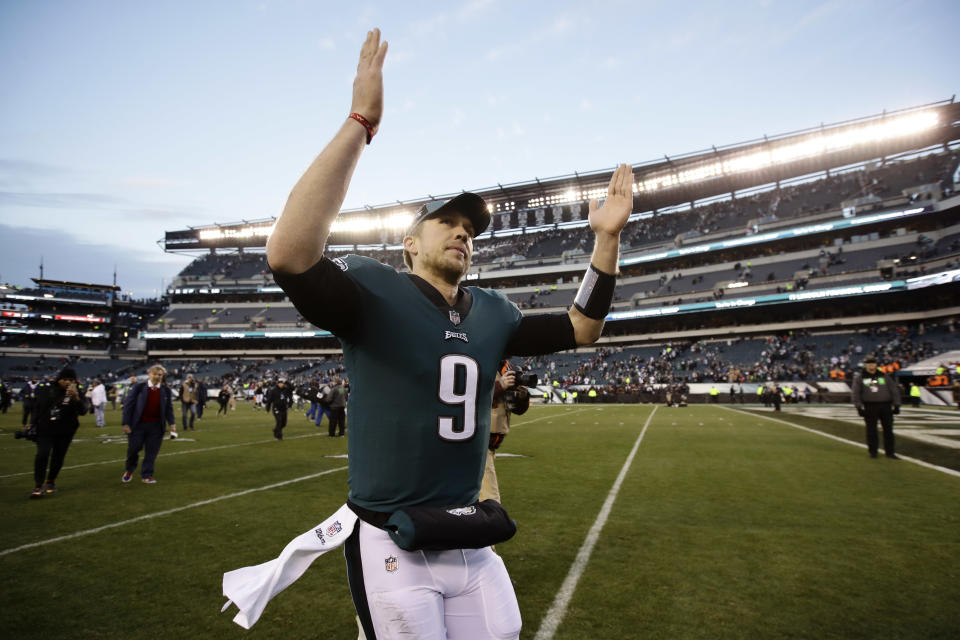 Quarterback Nick Foles could further solidify his celebrity and line his pockets if the Eagles make the playoffs. (AP Photo/Matt Rourke)