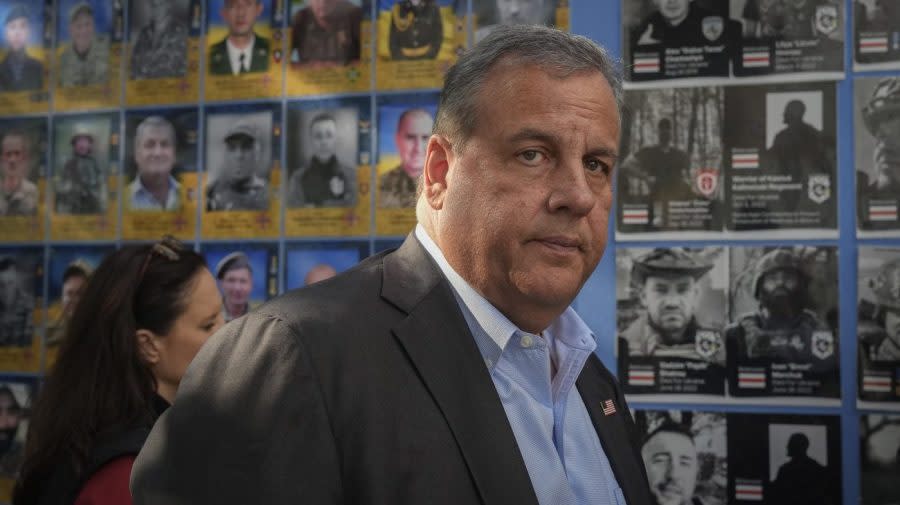 <em>Republican presidential candidate former New Jersey Gov. Chris Christie visits the Wall of Remembrance to pay tribute to killed Ukrainian soldiers, Kyiv, Ukraine, Friday, Aug. 4, 2023. (AP Photo/Efrem Lukatsky)</em>