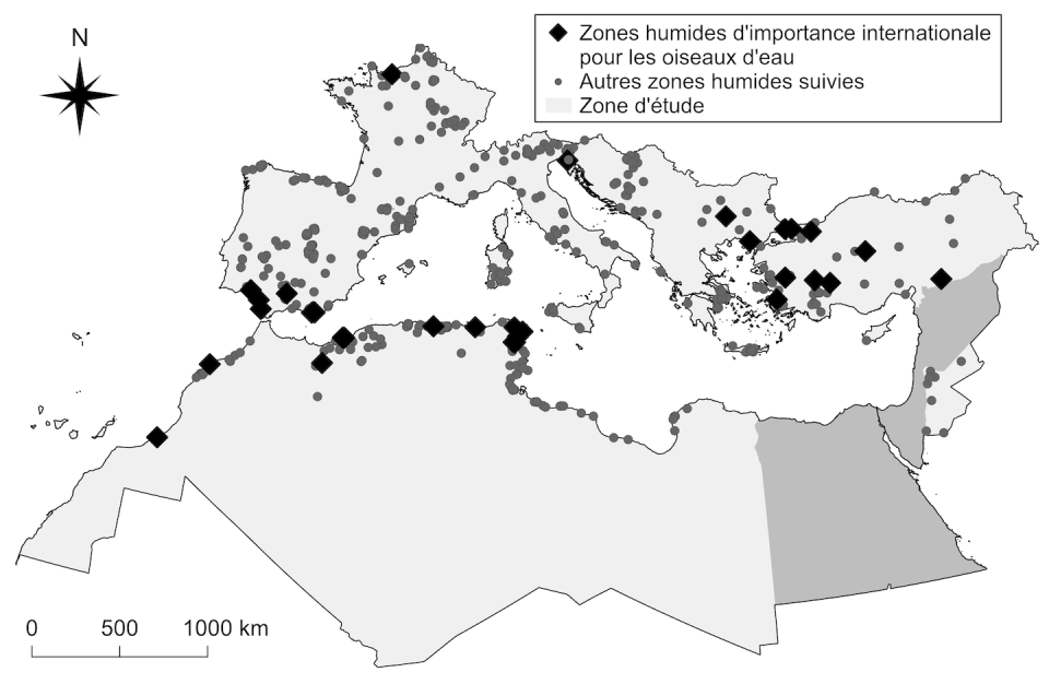 Carte des zones humides non protégées du bassin méditerranéen dont les communautés d’oiseaux pourraient avoir d’importantes difficultés d’adaptation à la hausse des températures d’ici à 2100. Les pays sans zone humide étudiée sont représentés en gris foncé. Fabien Verniest, Fourni par l'auteur