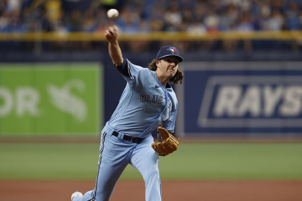 Toronto Blue Jays starting pitcher Kevin Gausman throws to a Tampa Bay Raysbatter during the first inning of a baseball game Friday, May 13, 2022, in St. Petersburg, Fla. (AP Photo/Scott Audette)