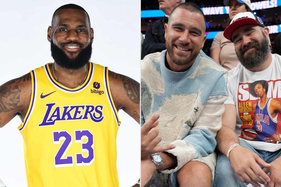 <p>Jesse D. Garrabrant/NBAE via Getty</p> LeBron James; Travis and Jason Kelce