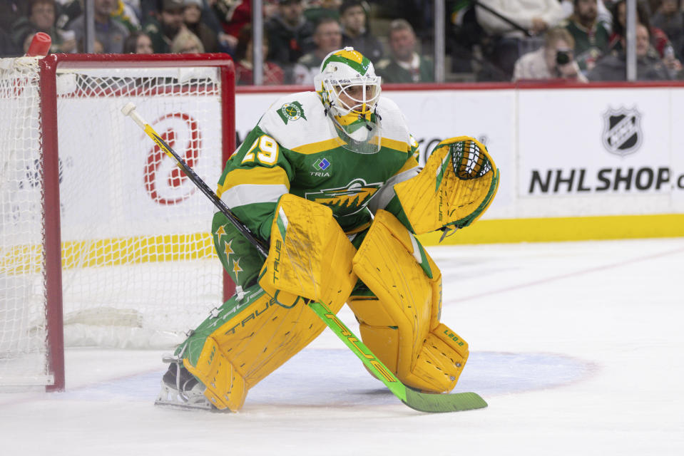 Minnesota Wild goaltender Marc-Andre Fleury focuses on the play during the second period of an NHL hockey game against the Winnipeg Jets, Sunday, Dec. 31, 2023, in St. Paul, Minn. (AP Photo/Bailey Hillesheim)