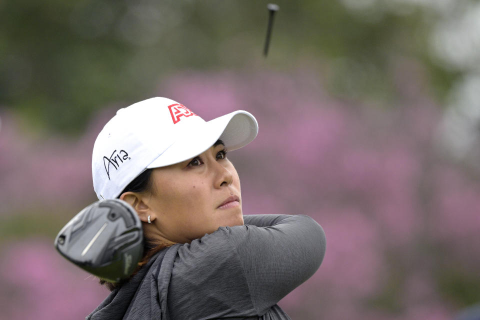 Danielle Kang tees off on the 16th hole during the final round of the Tournament of Champions LPGA golf tournament, Sunday, Jan. 23, 2022, in Orlando, Fla. (AP Photo/Phelan M. Ebenhack)